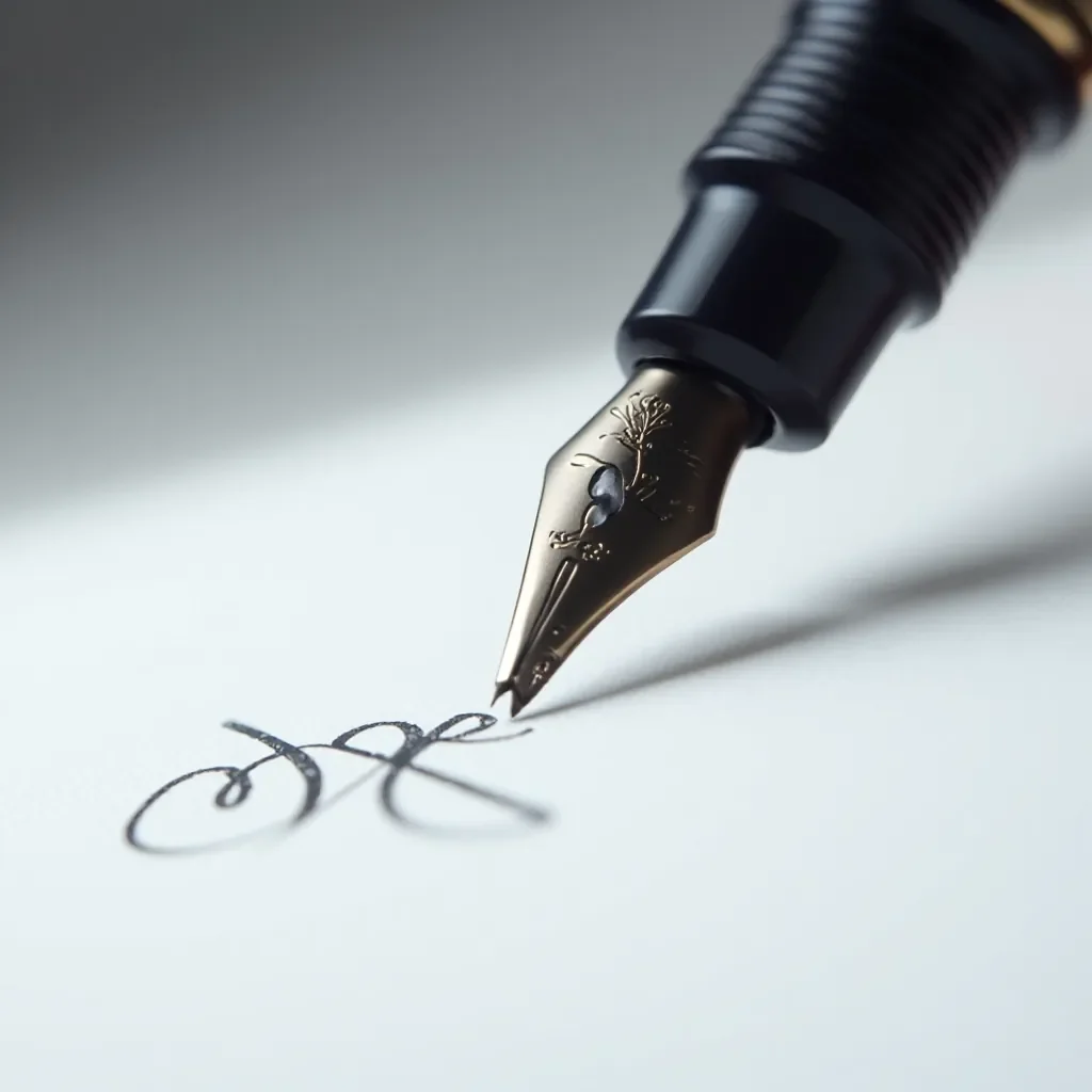 Close-up of deep blue fountain pen nib on white paper with smooth ink line, sharp detail, natural lighting