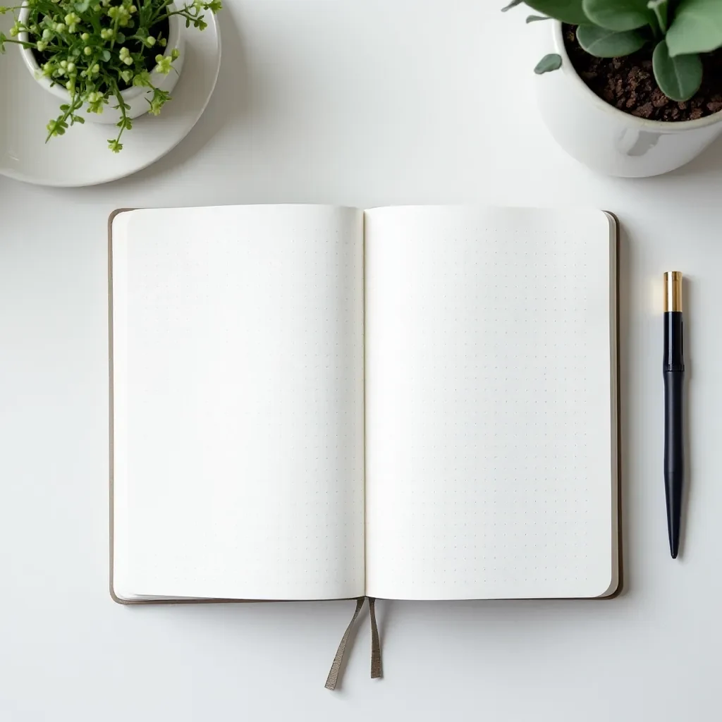 Flat-lay overhead shot of dotted notebook open showing grid pattern with sample bullet journal layout, natural window lighting