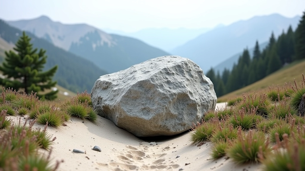 Išskirtinis glacialinis akmuo smėlingame nuolydyje, apžalusęs šaltalankiais augalais