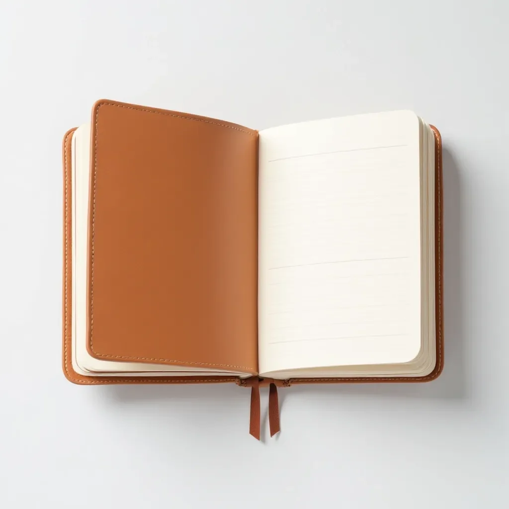 Leather-bound study journal with A5 dimensions, thick paper, genuine leather cover in brown tone