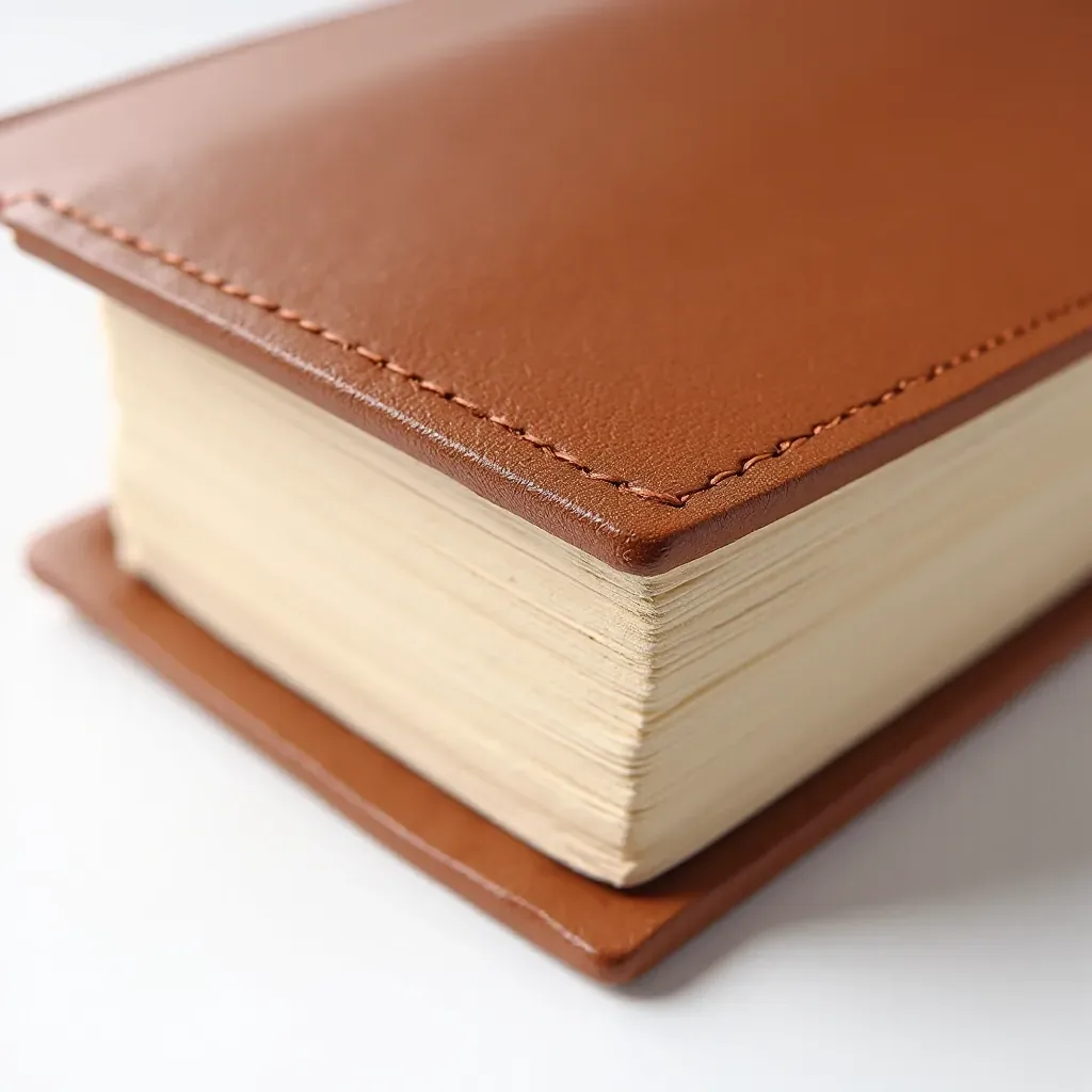 Close-up detail of leather-bound journal spine showing traditional European bookbinding with visible stitching, cognac leather texture, studio lighting
