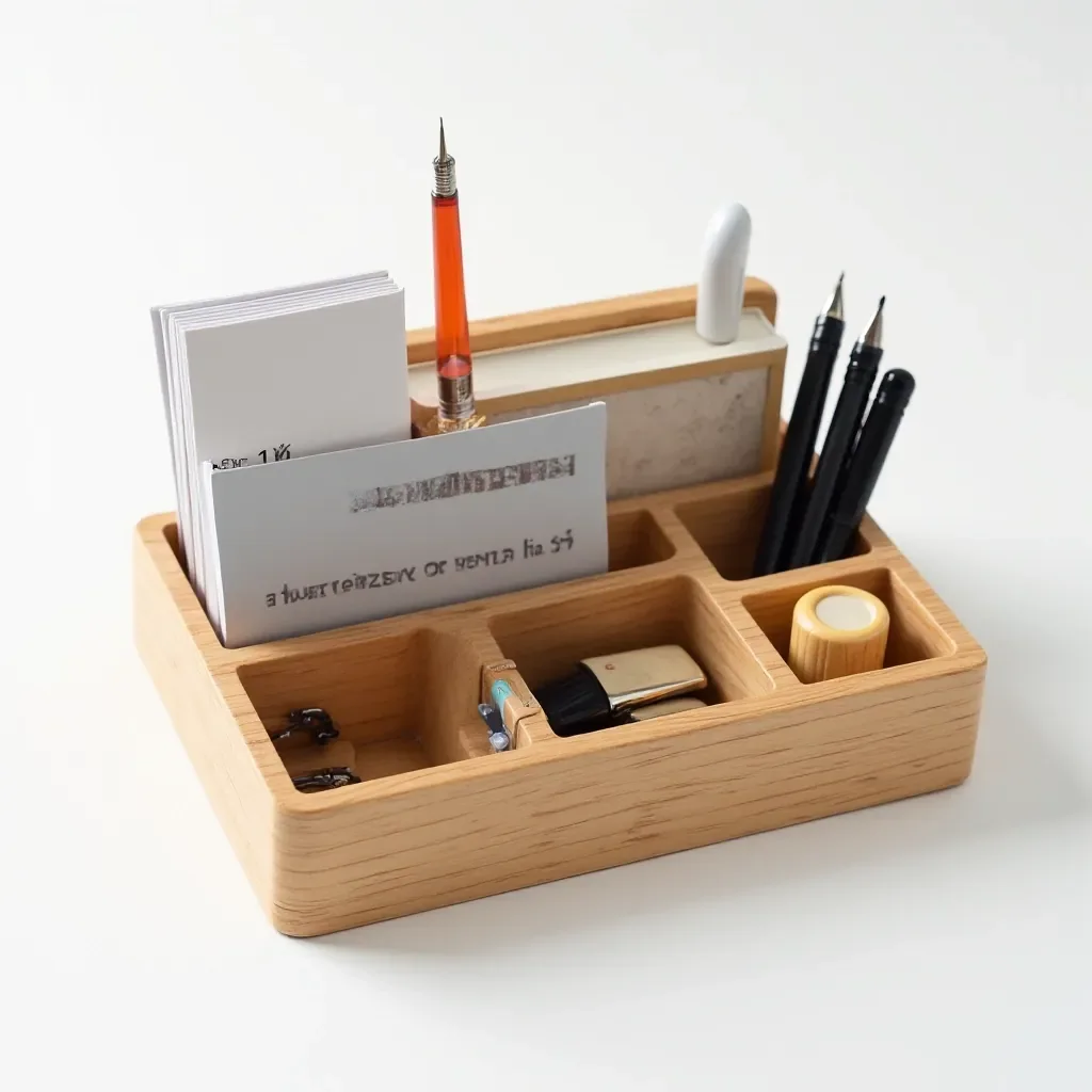 Desk organizer with adjustable wooden dividers showing compartment customization, three pens and notebook arranged inside, overhead view demonstrating organizational flexibility