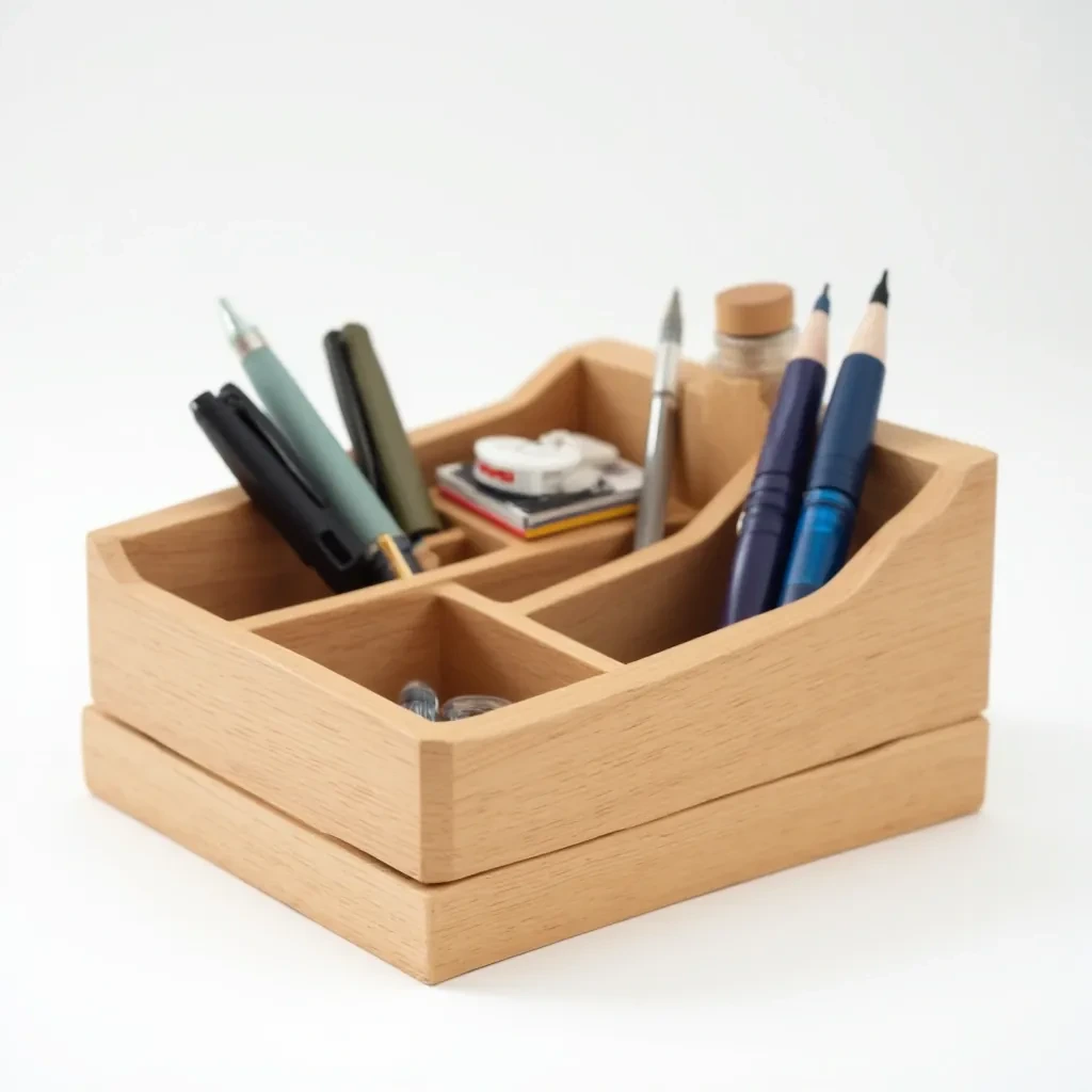 Modular oak wood desk organizer with adjustable compartments for pens and supplies, natural wood finish