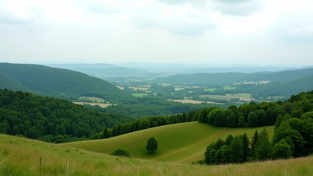 Panorama iš kalvos viršaus, platus miškas ir ūkiai žemiau, šviesus dangus