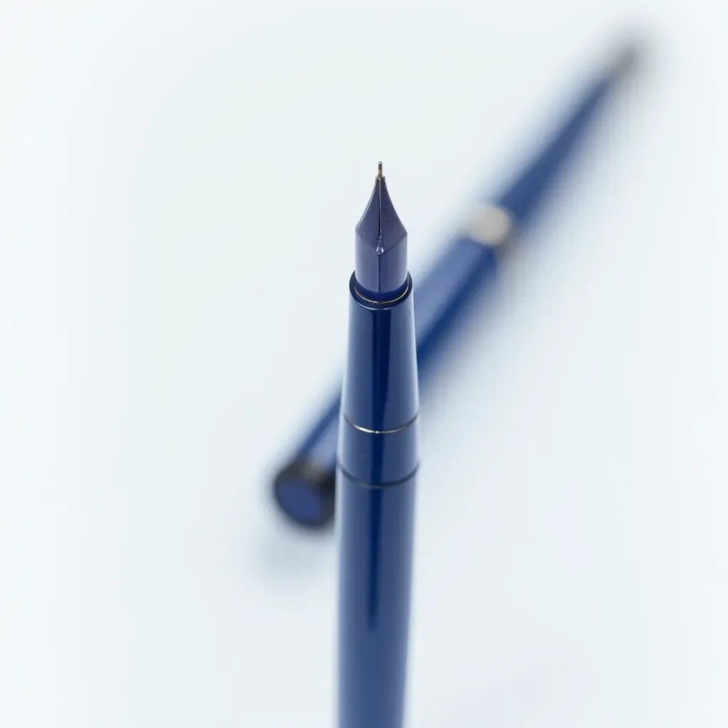 Premium deep blue Meridian fountain pen with stainless steel nib, shown closed and open, studio lighting on white background