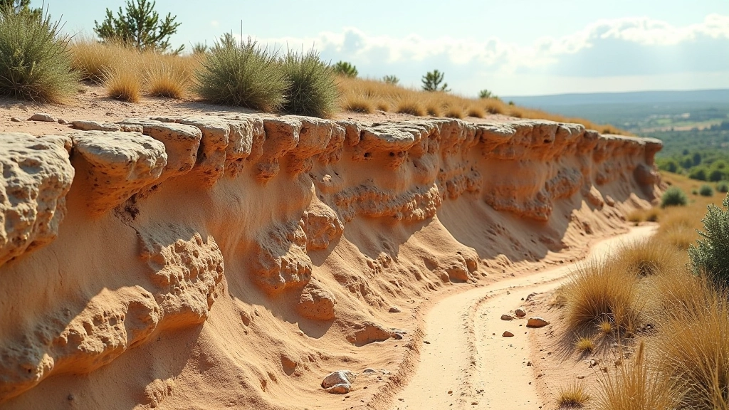 Žemė su atmatais, akmenimis ir molio dariniais, kalvų šlaitas su reljefu, geologinis peizažas